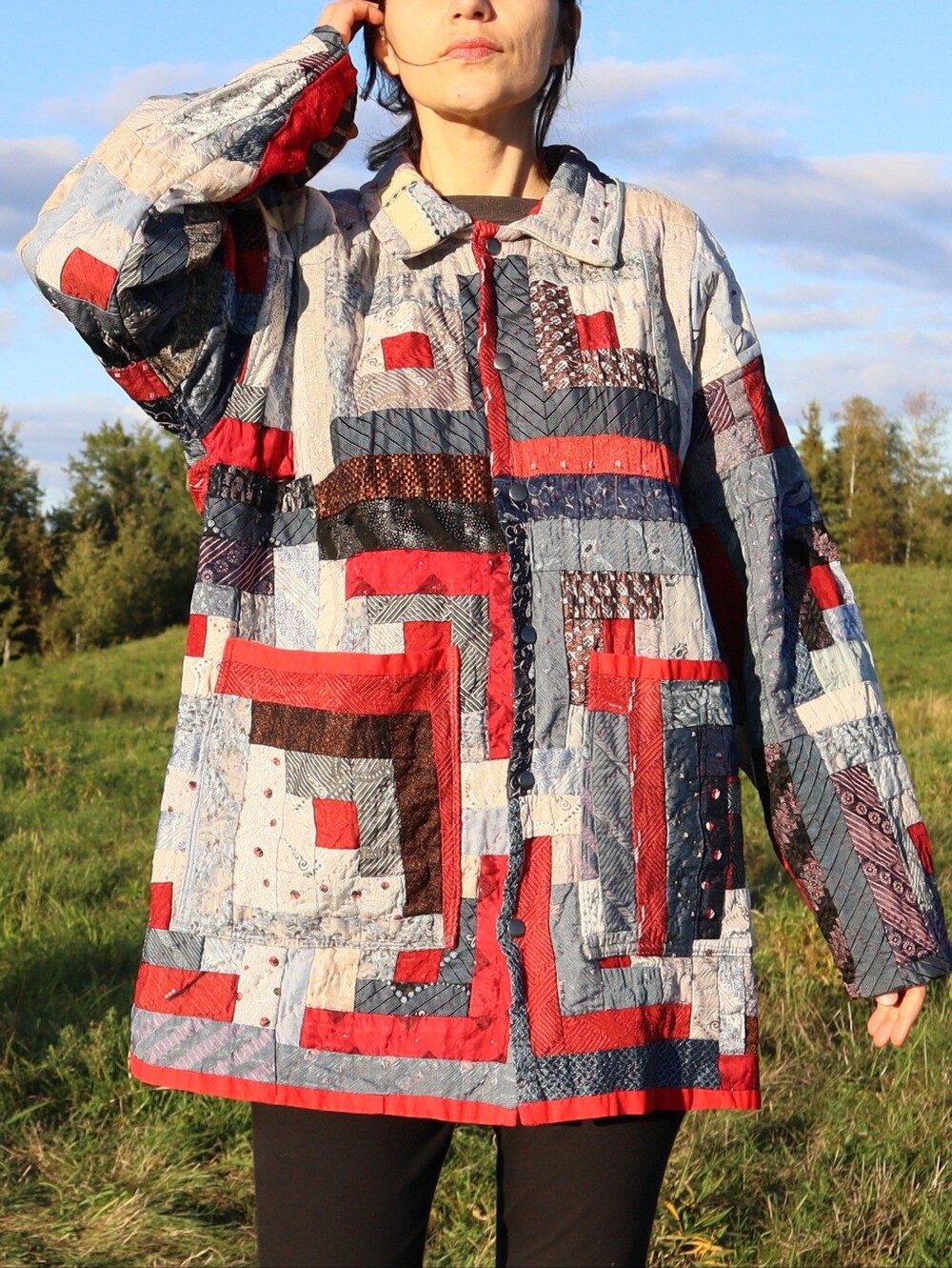 Upcycled Patchwork Quilt Jacket Chore Coat Made of Silk Ties L • XL • 2XL